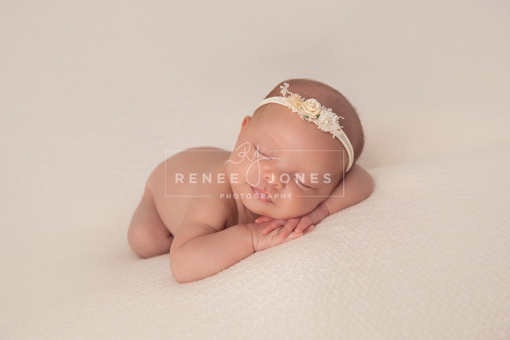 DAVIS_B-13 - Newborn baby resting her chin on her hands wearing a cream floral tieback on a cream blanket.