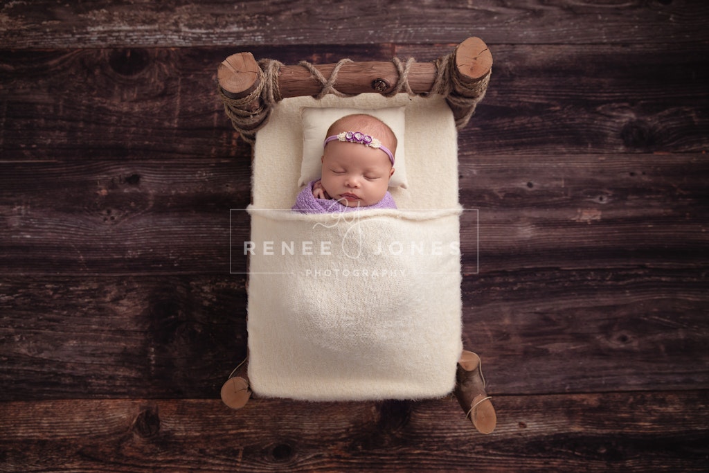DAVIS_B-15 - Newborn sleeping in a log bed on a dark wood floor backdrop.