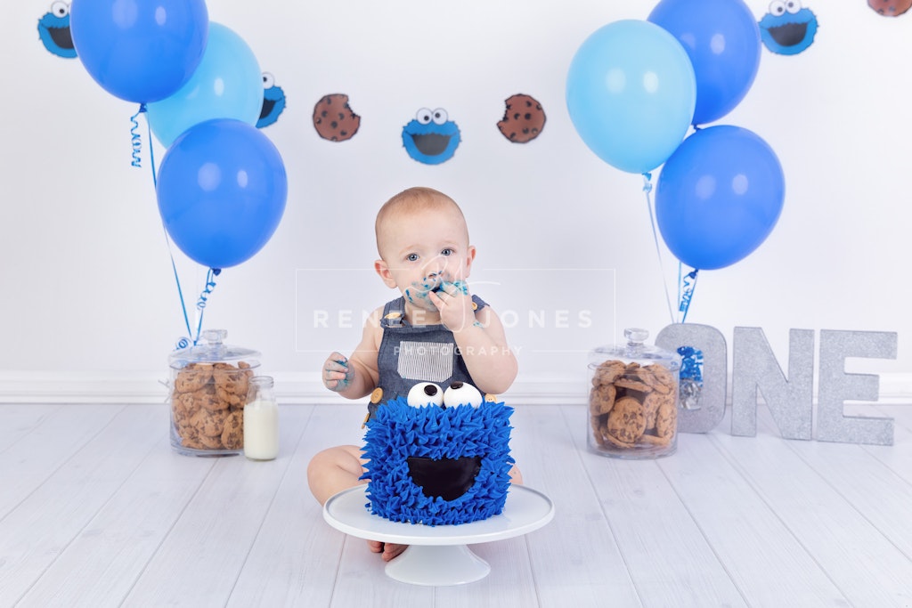 Themed Cake Smash - Brisbane Cake Smash Photographer - A Cookie Monster themed first birthday cake smash