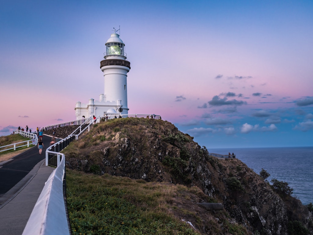 Byron Bay Lighthouse - Pink Skies - The famous lighthouse in Byron Bay, NSW with pink lit skies after sunset.